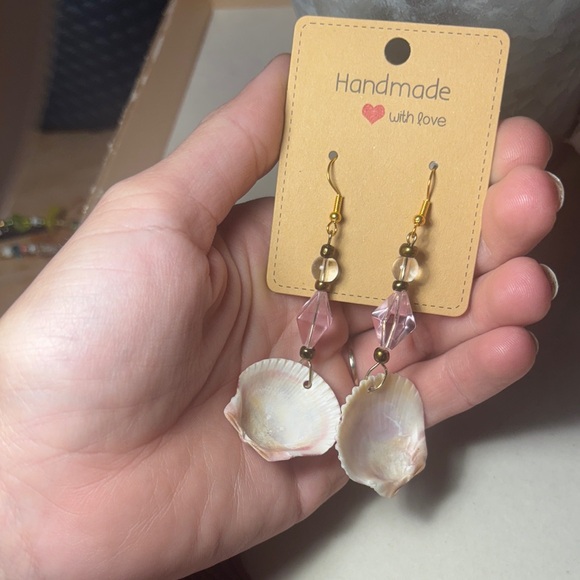 Handmade Shell and Bead Earrings - Pink and Gold - Picture 2 of 4